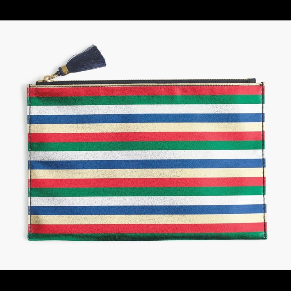 NWT large JCrew striped, satin pouch/clutch